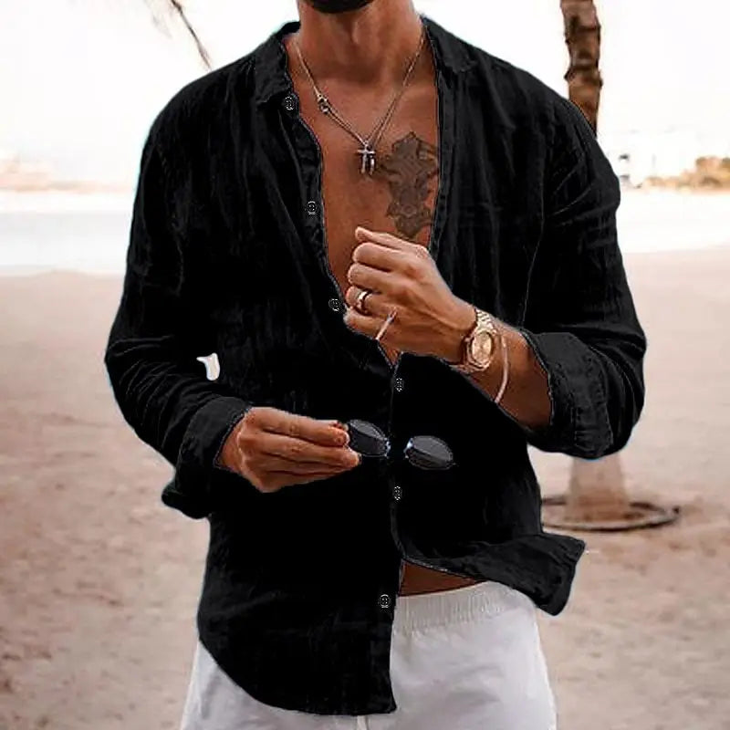 Comfortable black men's long sleeve casual shirt with relaxed fit, ideal for summer beachwear.