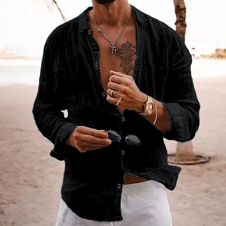 Comfortable black men's long sleeve casual shirt with relaxed fit, ideal for summer beachwear.