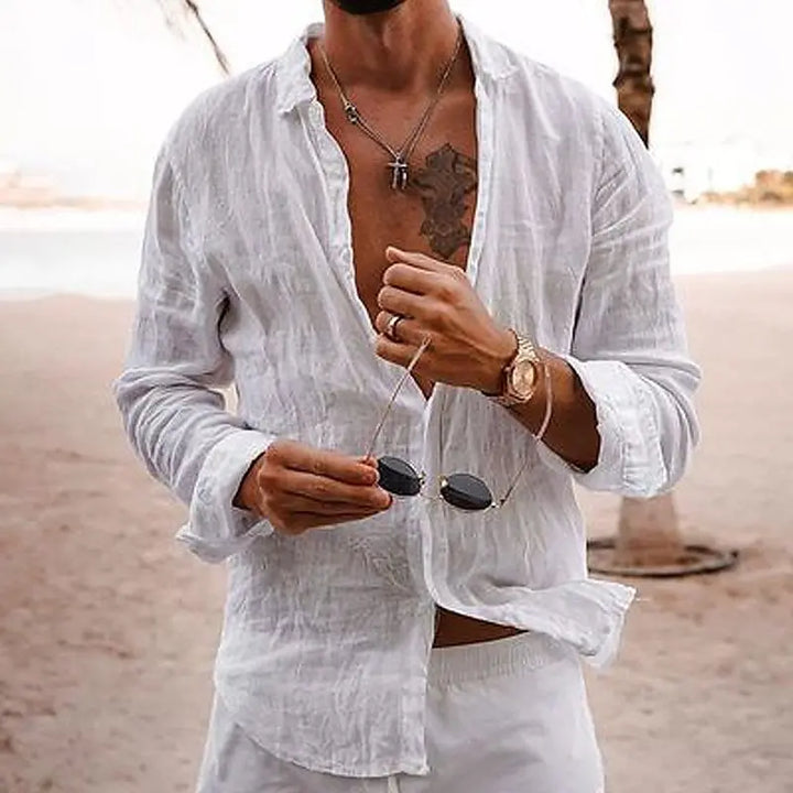 Stylish black men's long sleeve top, casual and comfortable for summer beach & holiday fashion.