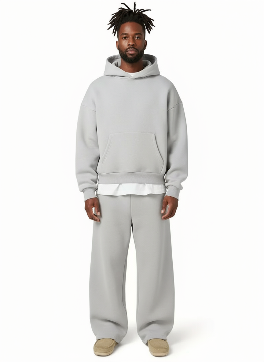 Men's light grey oversized tracksuit set, ultimate comfort & casual style for loungewear.