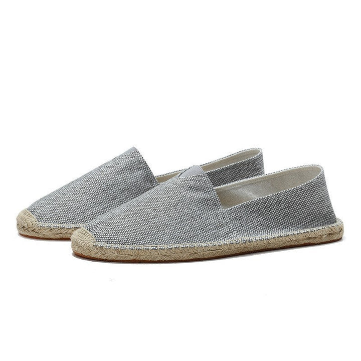Men's light grey slip-on espadrille loafers made from breathable hemp for summer comfort and casual style.