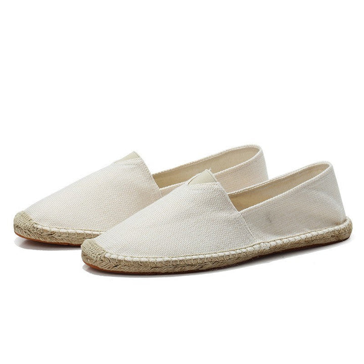 Black men's hemp espadrille loafers. Breathable slip-on shoes offering summer comfort and casual elegance.