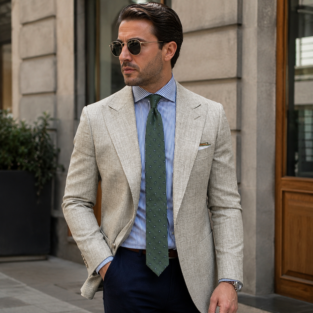 Men's light grey textured tailored blazer jacket for spring, perfect for smart casual & business events.