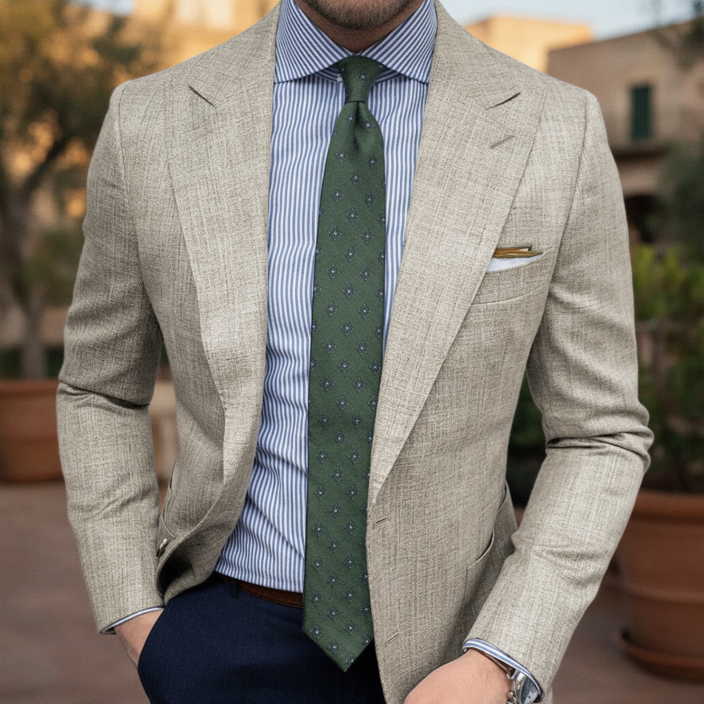 Versatile men's beige textured spring blazer jacket, tailored fit for modern smart casual or business style.