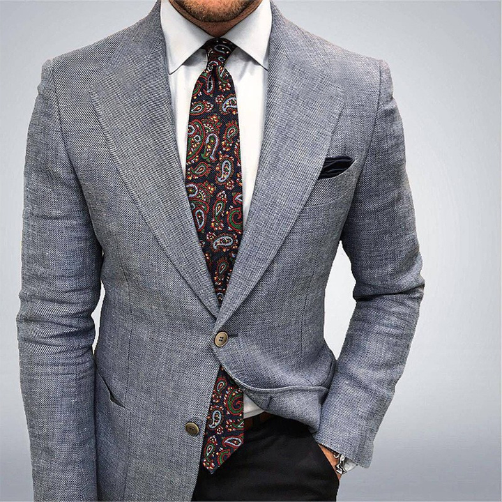 Blue textured tailored blazer for men. A smart spring jacket, ideal for business fashion or casual events.