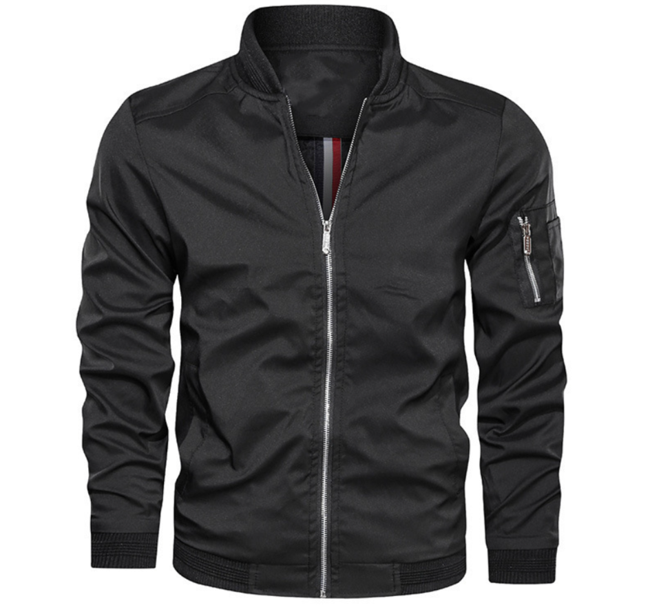 Men's lightweight black bomber jacket, ideal for versatile everyday casual wear. Perfect spring/fall outerwear.