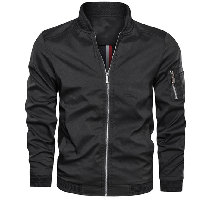 Men's lightweight black bomber jacket, ideal for versatile everyday casual wear. Perfect spring/fall outerwear.