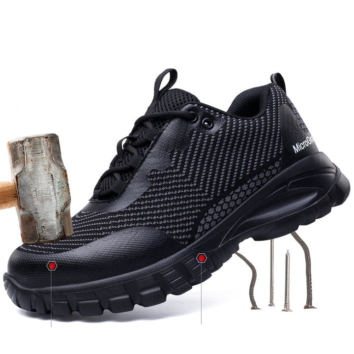 Black water-resistant men's safety work shoes, featuring steel toe & slip-resistant sole for ultimate protection & comfort.