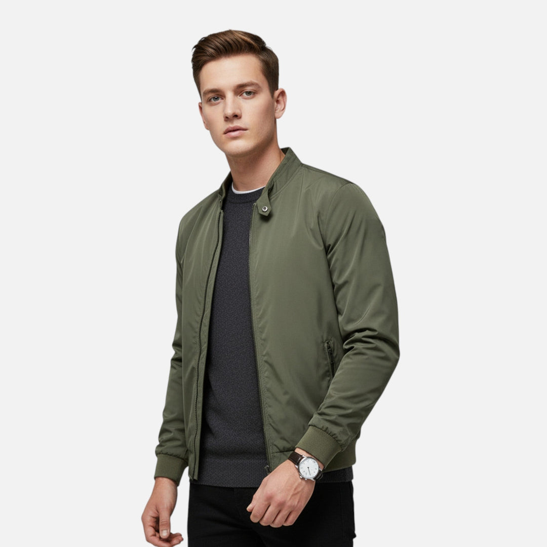 Men's lightweight bomber jacket with classic ribbed collar, cuffs, and hem. Ideal for casual smart fashion.