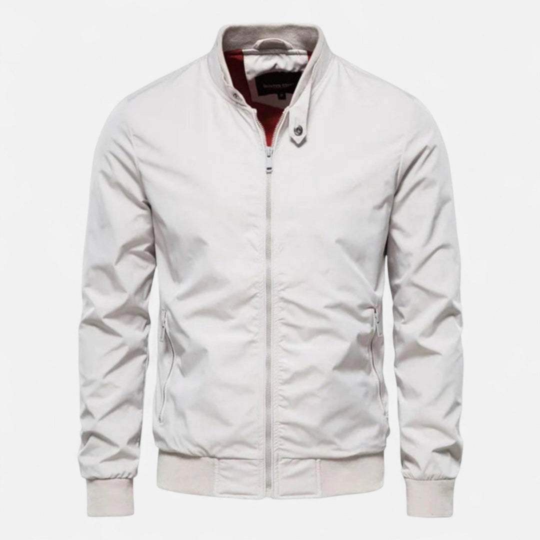 Fashionable men's lightweight bomber jacket with classic ribbed collar. A comfortable and stylish piece of transitional outerwear.