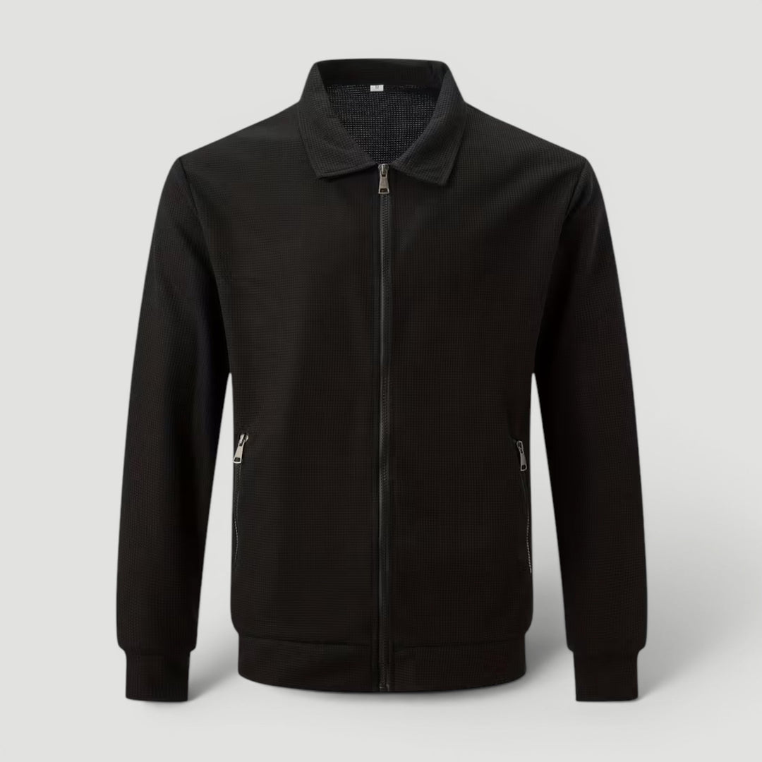 Versatile men's gray lightweight zip-up jacket. Breathable outerwear for everyday casual or smart-casual style.