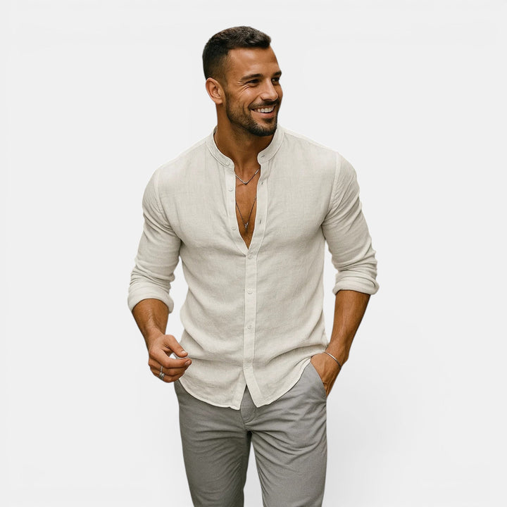 Men's lightweight breathable long sleeve shirt with grandad collar, ideal for casual summer everyday wear.