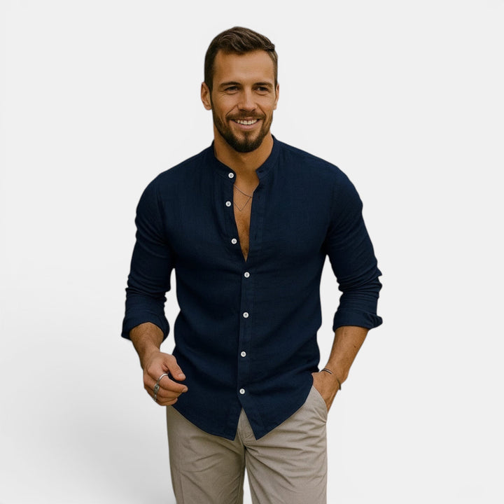 Close-up: Grandad collar on a men's lightweight breathable long sleeve casual shirt, perfect for summer fashion.