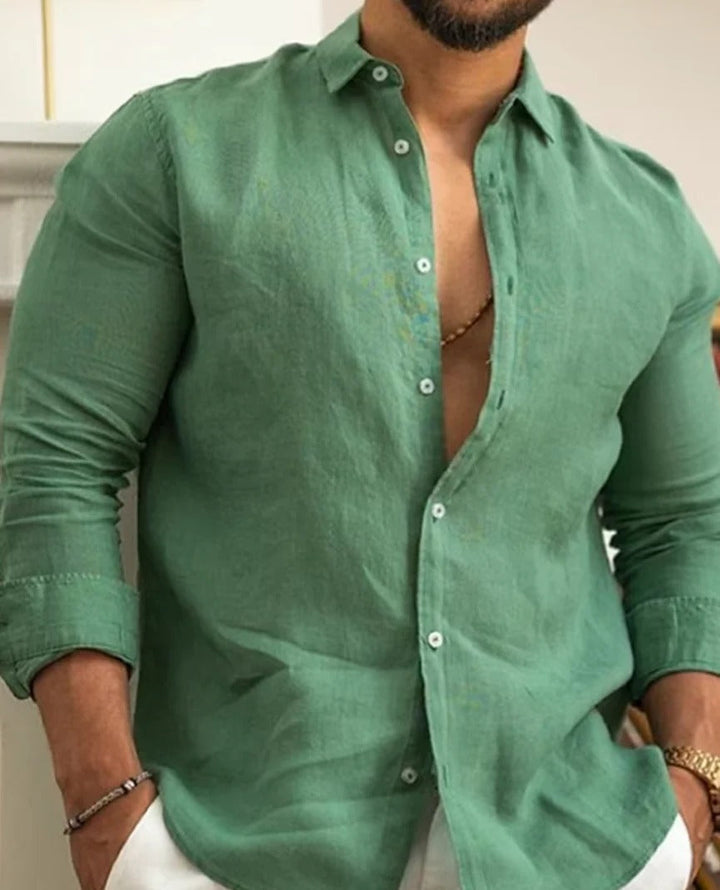 Classic men's lightweight button-down shirt, long sleeve. Versatile for casual warm weather style & everyday fashion.