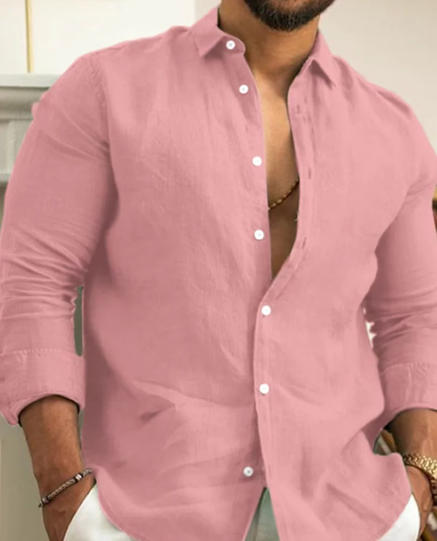 Men's lightweight button-down shirt. Breathable long sleeve for warm weather. Classic, versatile, relaxed fit casual style.