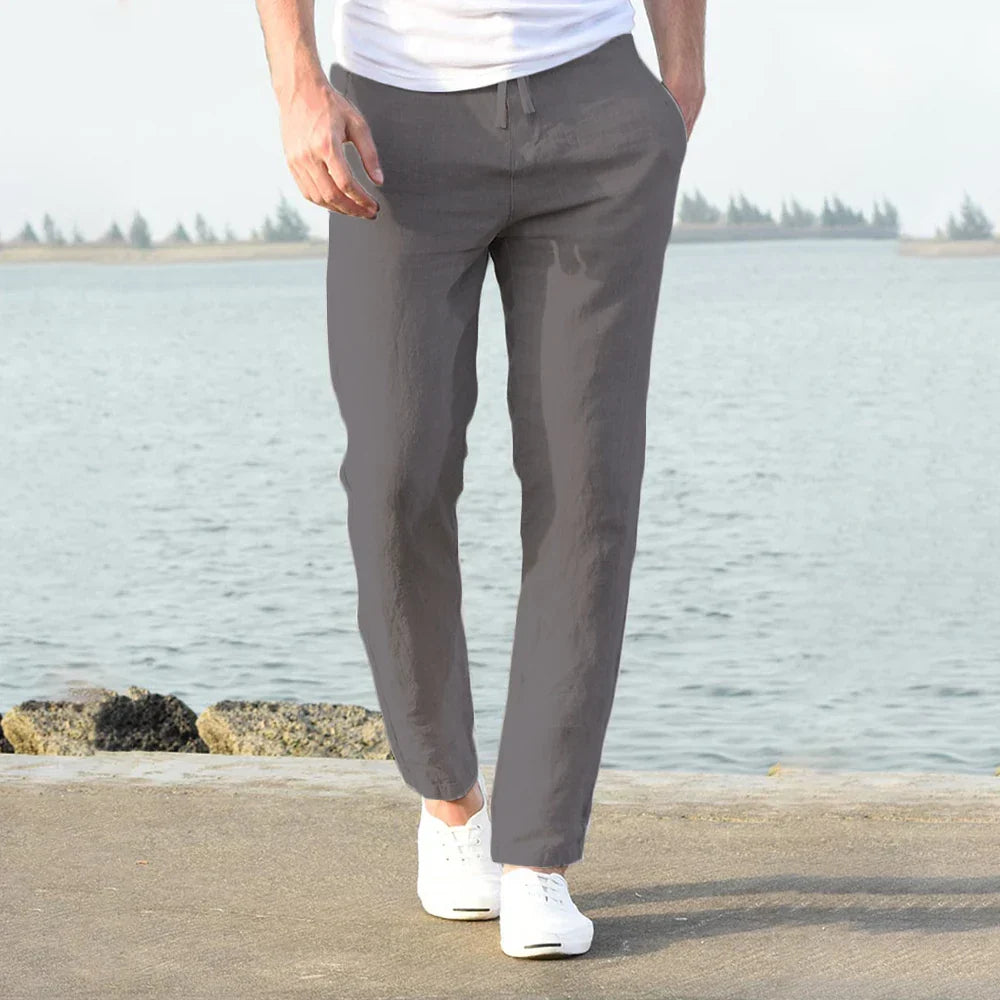Relaxed fit cotton linen men's trousers, ideal for beach wear or everyday casual comfort.