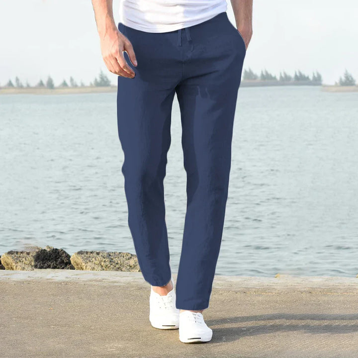 Summer-ready men's cotton linen chinos, designed with a relaxed fit and easy drawstring waist.