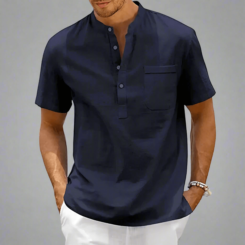 Khaki men's lightweight casual long-sleeve button-down shirt, classic style, comfortable for everyday summer.