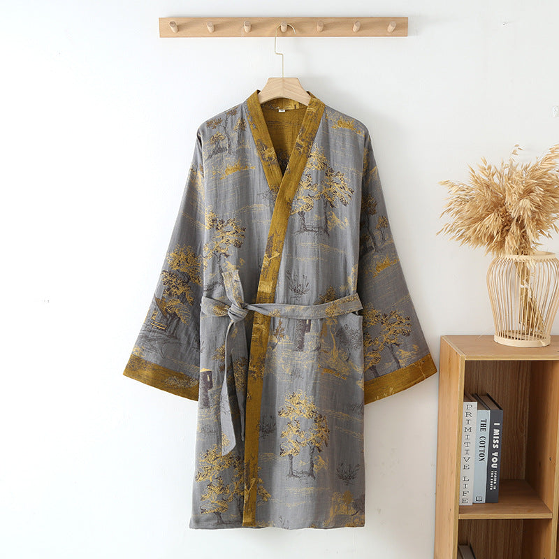 Breathable men's cotton kimono robe, ideal lightweight loungewear for comfort during warm spring and summer days.