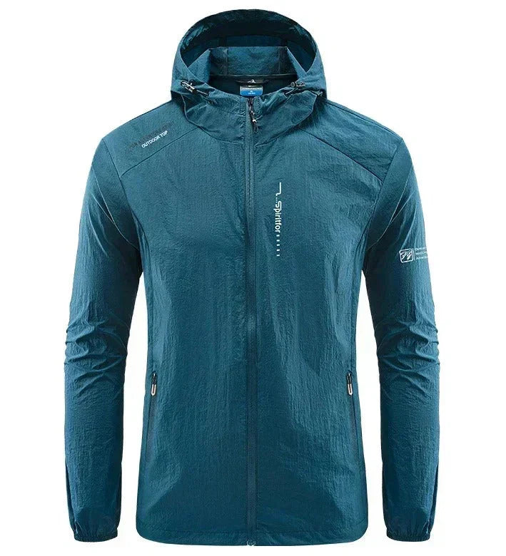 Men's lightweight hooded summer jacket, windproof & sun-resistant, ideal for casual wear & travel.
