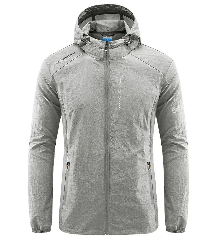 Stylish men's lightweight hooded summer jacket in blue, windproof & sun-protective for outdoor adventures.