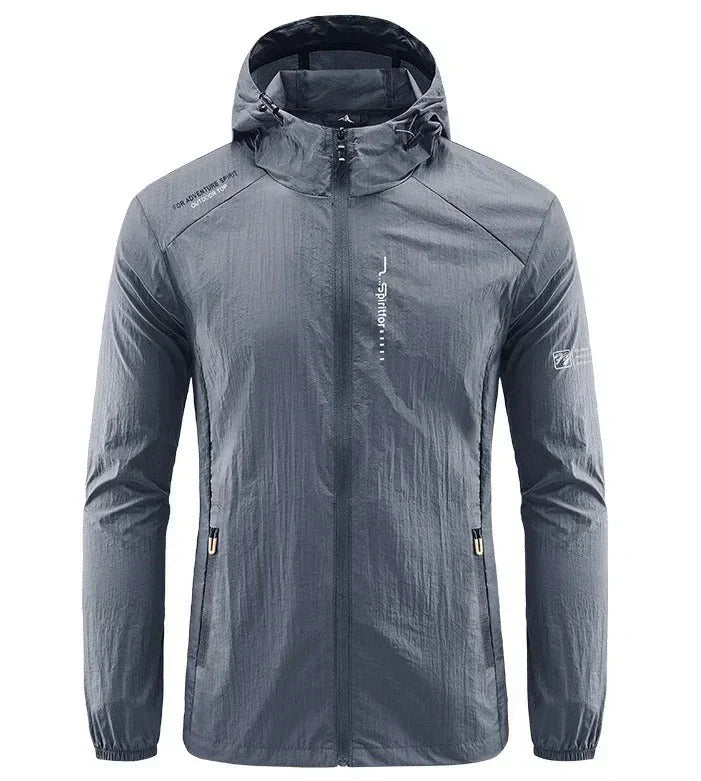 Casual men's summer jacket, lightweight with hood, perfect for sun protection, wind resistance & everyday wear.