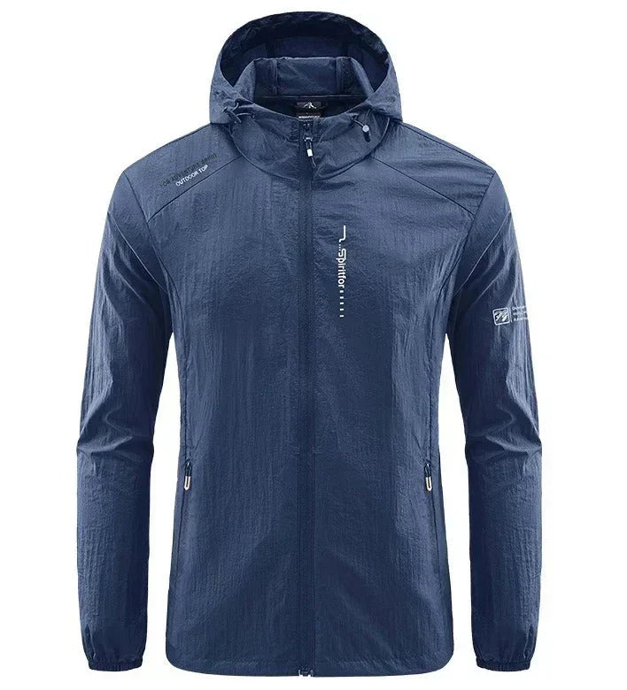 Modern men's lightweight hooded jacket, engineered for windproof and UV sun protection during summer activities.
