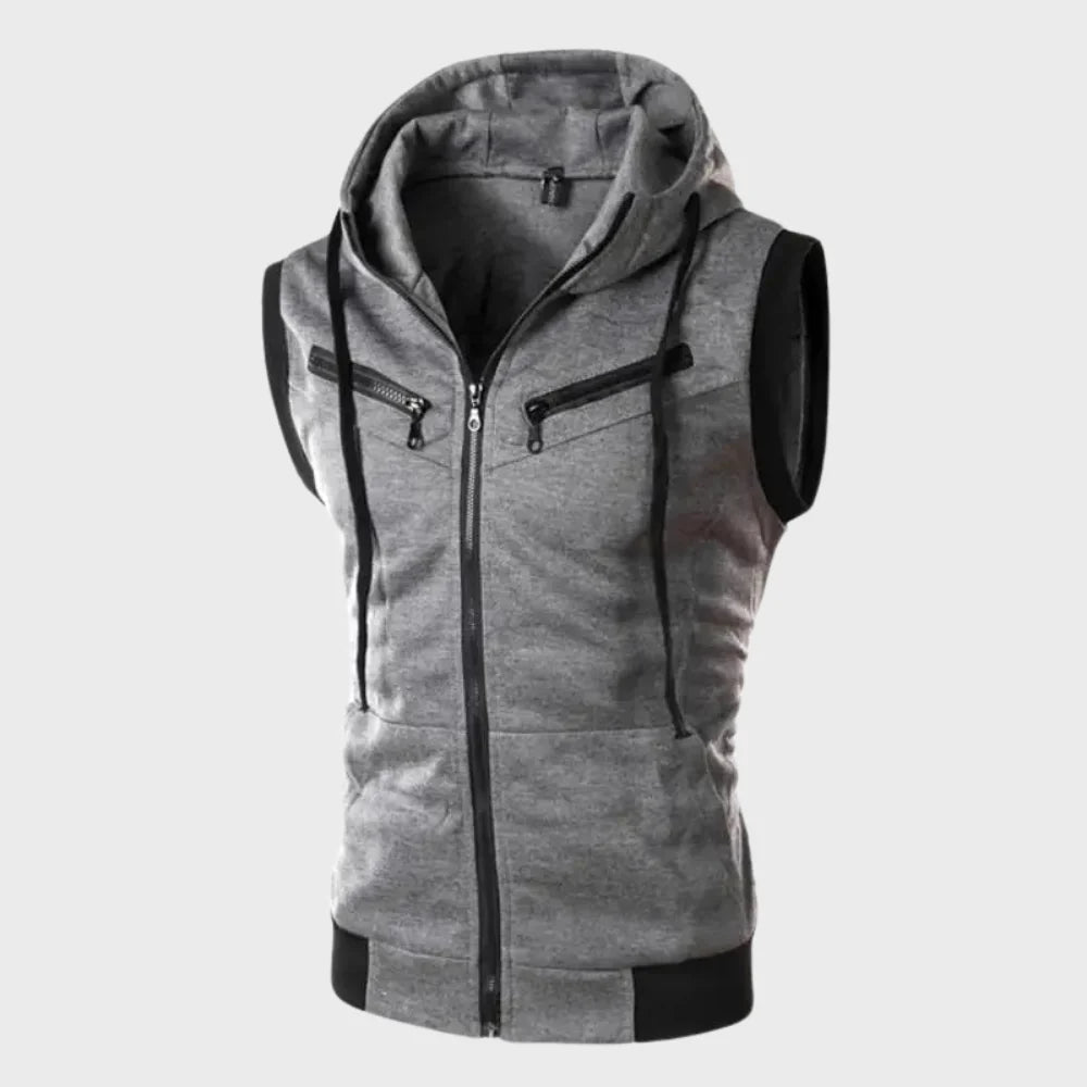 Modern men's sleeveless hooded vest, perfect lightweight polyester top for urban style, casual wear, or summer layering.