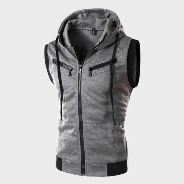 Modern men's sleeveless hooded vest, perfect lightweight polyester top for urban style, casual wear, or summer layering.