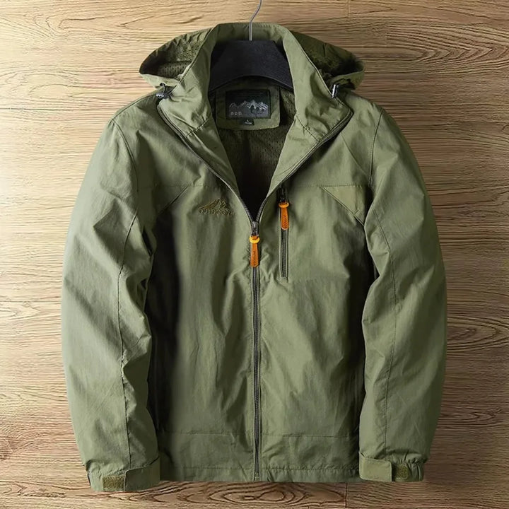 Waterproof & hooded men's lightweight rain jacket, perfect for hiking, travel, and spring/fall outdoor adventures.