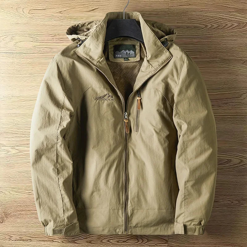 Versatile men's hooded waterproof rain jacket. Lightweight design, great for spring/fall outdoor hiking & travel.