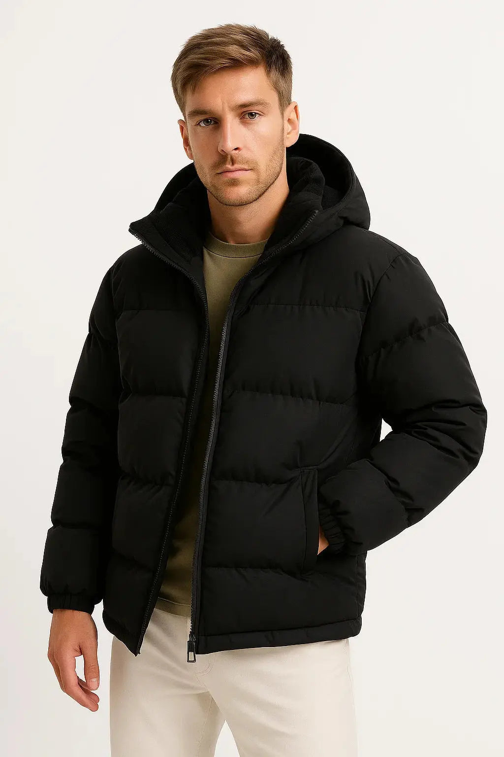 Men's lightweight insulated puffer jacket with hood, ideal for fall/winter outerwear & outdoor activities.