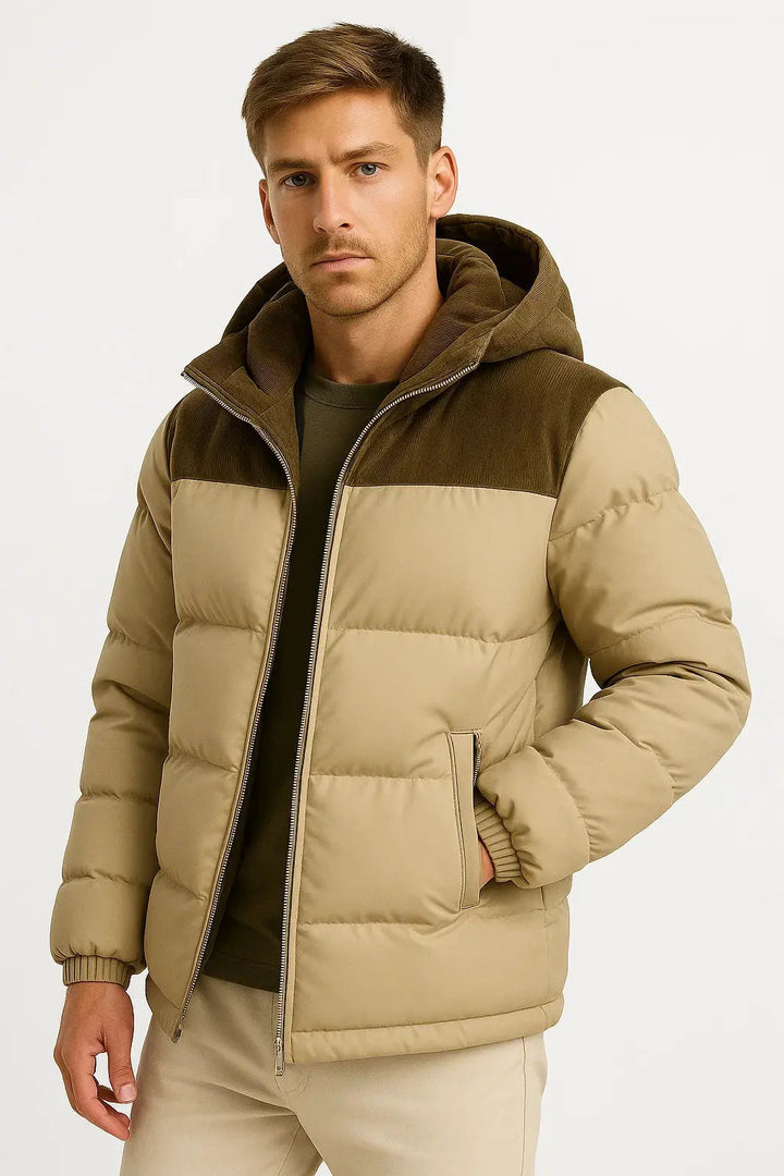 Stylish men's hooded puffer jacket, lightweight & insulated for modern fall fashion & everyday wear.