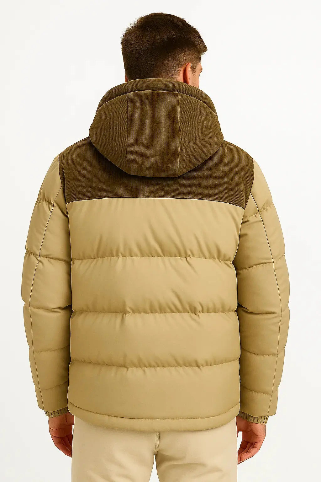 Men's lightweight insulated puffer jacket with hood & pockets, perfect for hiking & outdoor adventures.