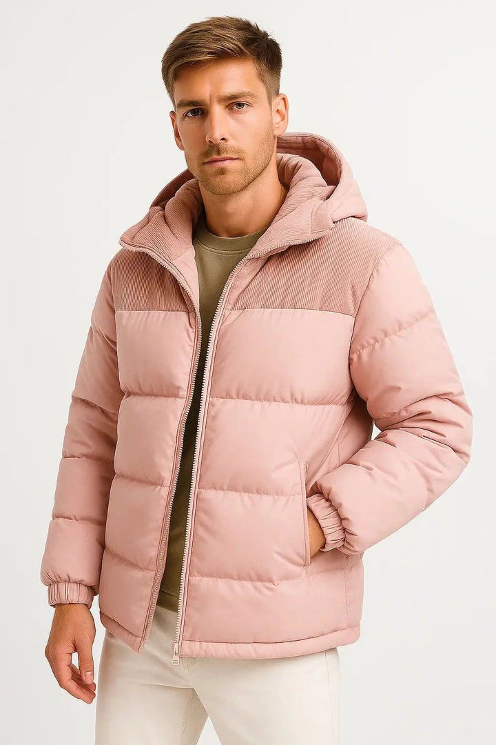 Practical men's insulated puffer jacket with hood, offering warmth & comfort for winter & fall seasons.