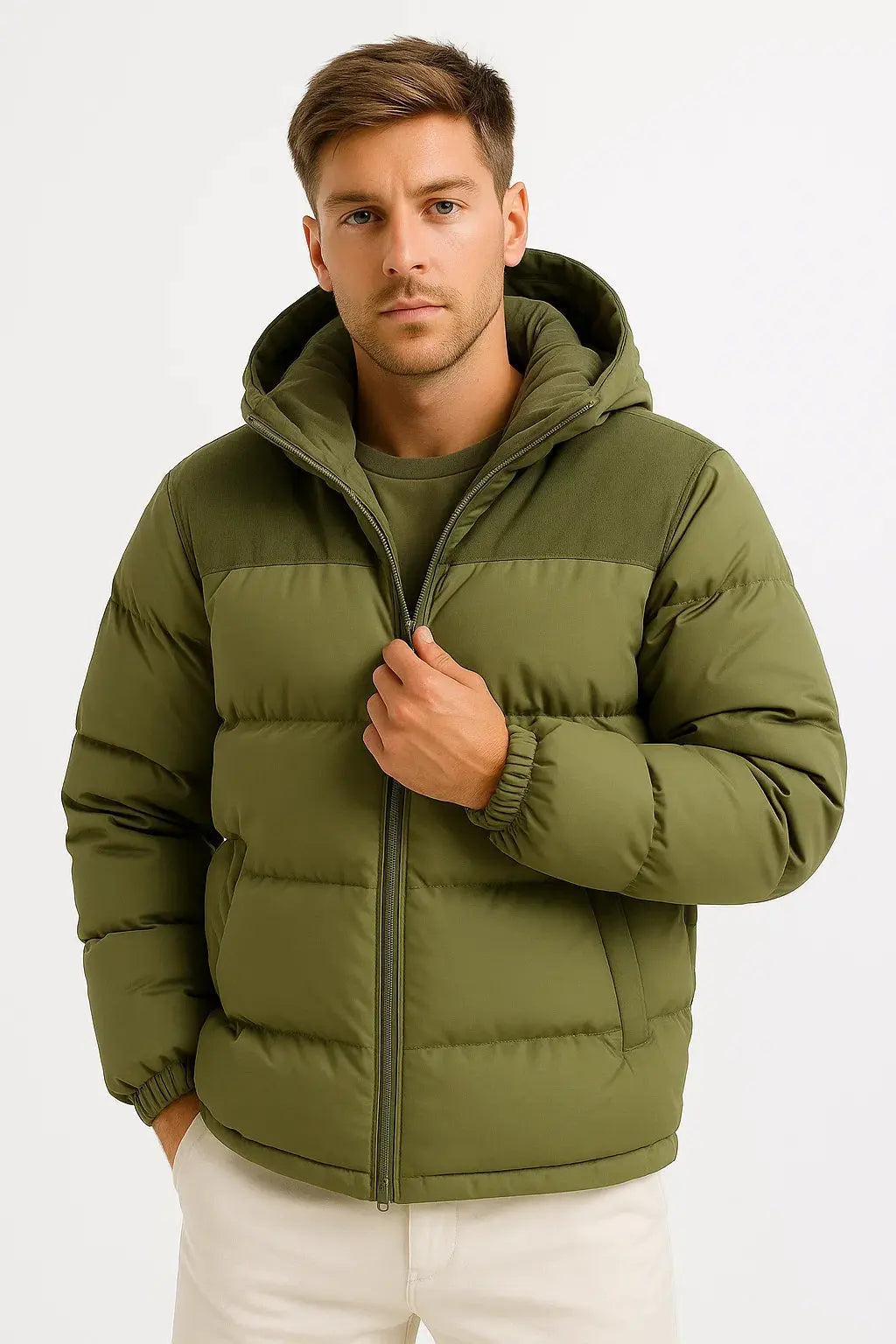 Durable men's lightweight insulated hooded puffer jacket with pockets, ideal for cold outdoor conditions.