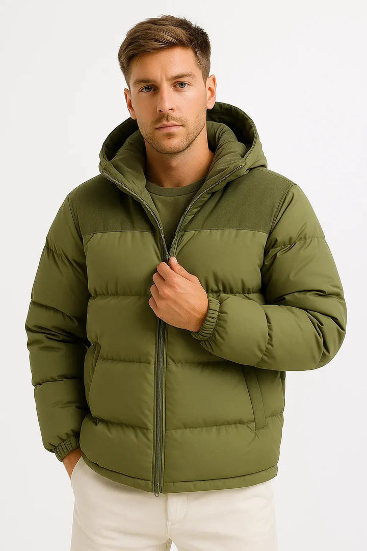Durable men's lightweight insulated hooded puffer jacket with pockets, ideal for cold outdoor conditions.