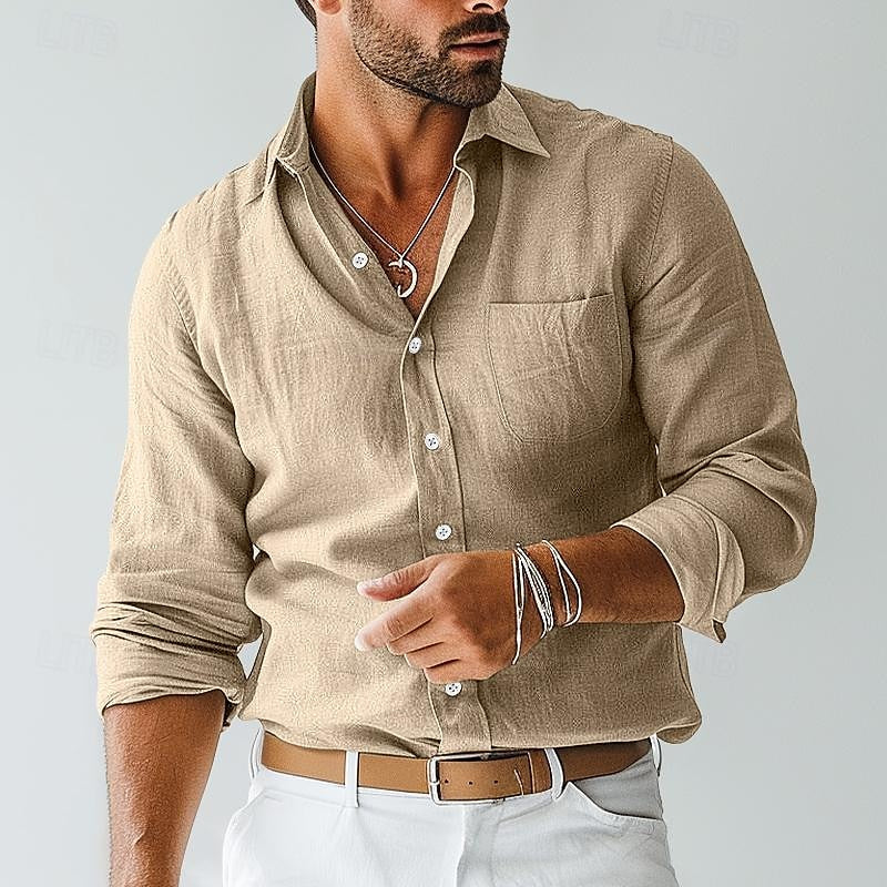 Men's lightweight khaki short-sleeve button-down shirt for a cool, stylish summer look. Perfect casual wear.