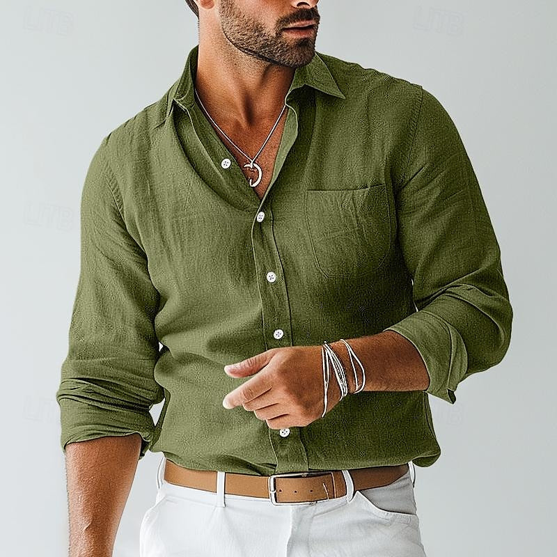 Breathable men's summer shirt, lightweight khaki button-down, ideal for warm weather and versatile casual styling.
