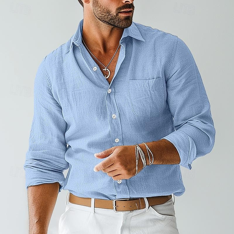 Stylish men's khaki short-sleeve casual shirt. Lightweight button-down design ensures cool comfort in summer.