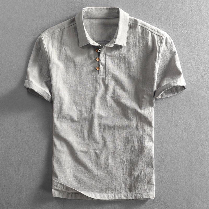 Classic men's short sleeve linen polo. Lightweight comfort for summer, vacation, and everyday casual wear.