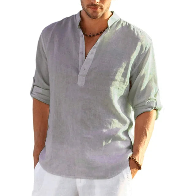 Solid color men's casual button-down long-sleeve shirt, lightweight fabric for summer fashion and daily wear.