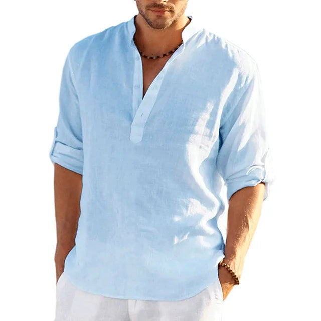 Comfortable men's long-sleeve summer shirt, breathable lightweight material, ideal for daily warm weather comfort.
