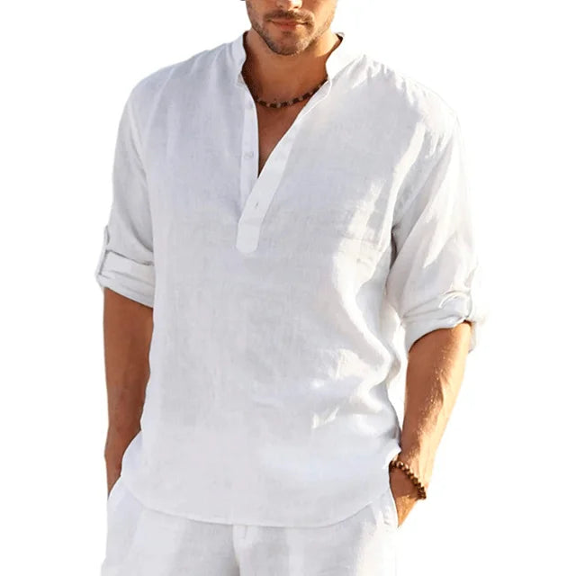 Stylish men's lightweight long-sleeve summer shirt, relaxed fit button-down, ideal for warm weather fashion.