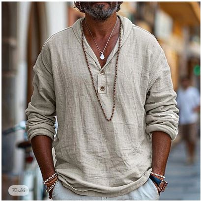Relaxed fit men's long sleeve V-neck shirt, ideal lightweight casual wear for summer comfort.