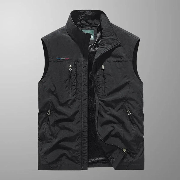 Durable men's water-resistant multi-pocket gilet vest with zip-up front, ideal for hiking & travel.