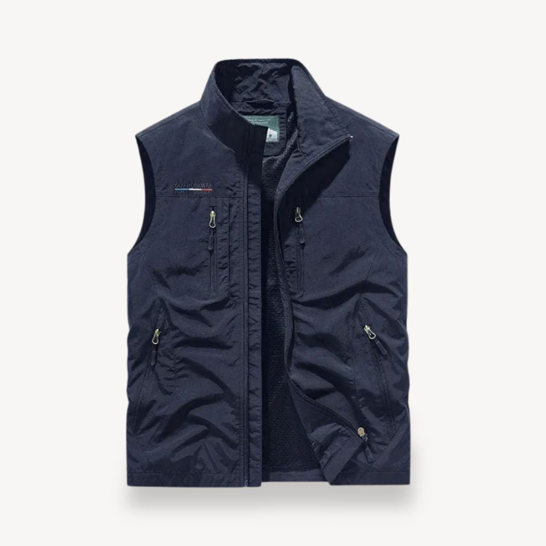 Men's lightweight summer utility jacket, a sleeveless multi-pocket vest for outdoor adventures & travel.