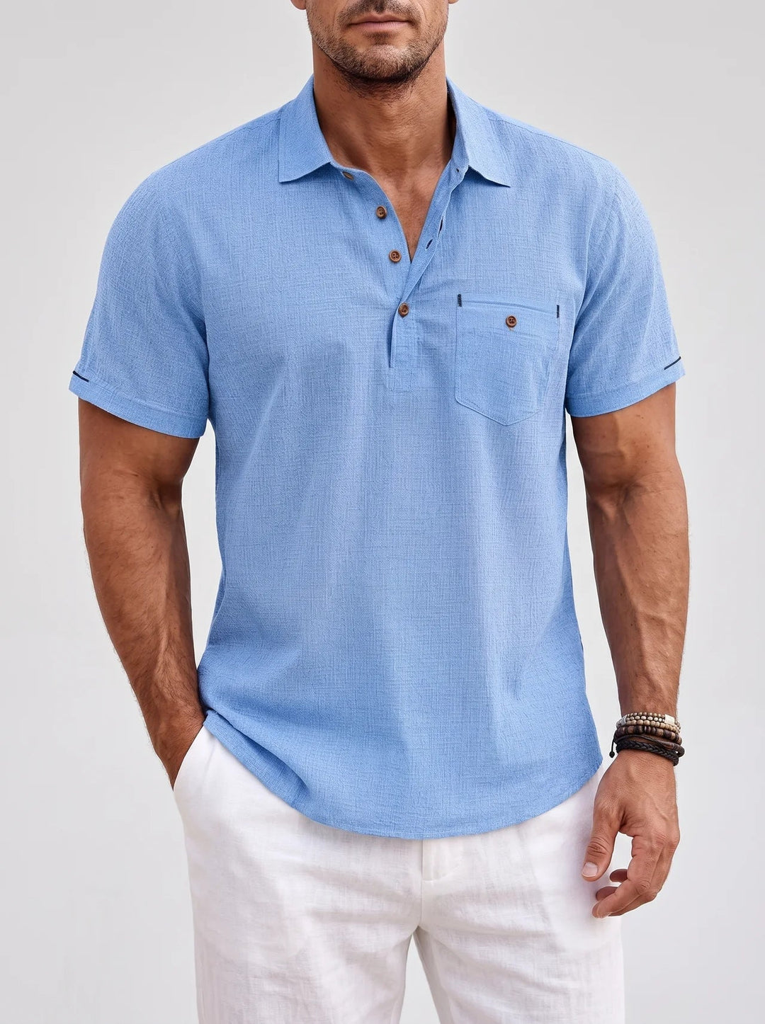 Men's lightweight navy short sleeve polo shirt with classic collar & button placket, perfect for summer casual style.
