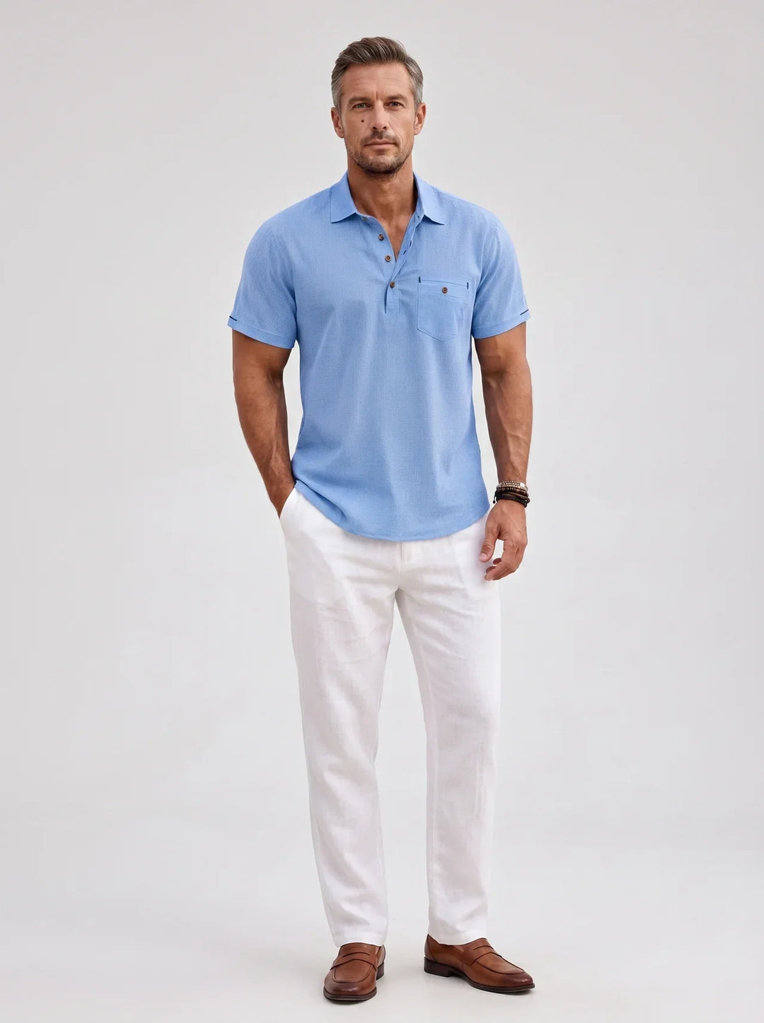 Stylish men's button-down polo, short sleeve, light grey, ideal for smart-casual summer fashion & versatility.