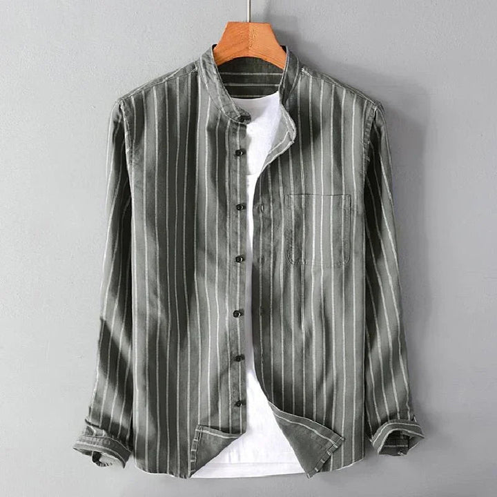 Men's lightweight pinstripe dress shirt with fine stripes, perfect for warm weather. Breathable summer fashion.